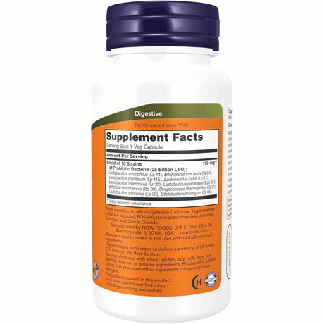NOW Foods Probiótico-10™ 25 Mil Millones - 100 Cápsulas Vegetales - Tabla Nutricional - Haz Tu Pedido