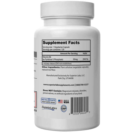 Superior Labs Vitamina B6 - 120 Cápsulas Vegetales - Tabla Nutricional - Haz Tu Pedido