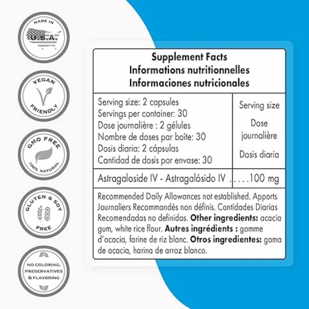 SuperSmart Astragalósido IV 100 mg - 60 Cápsulas Vegetarianas - Tabla Nutricional - Haz Tu Pedido