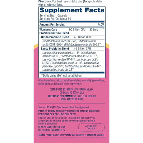 Renew Life Probiótico Cuidado Femenino Integral 90 Mil Millones CFU - 60 Cápsulas Vegetarianas - Tabla Nutricional - Haz Tu Pedido