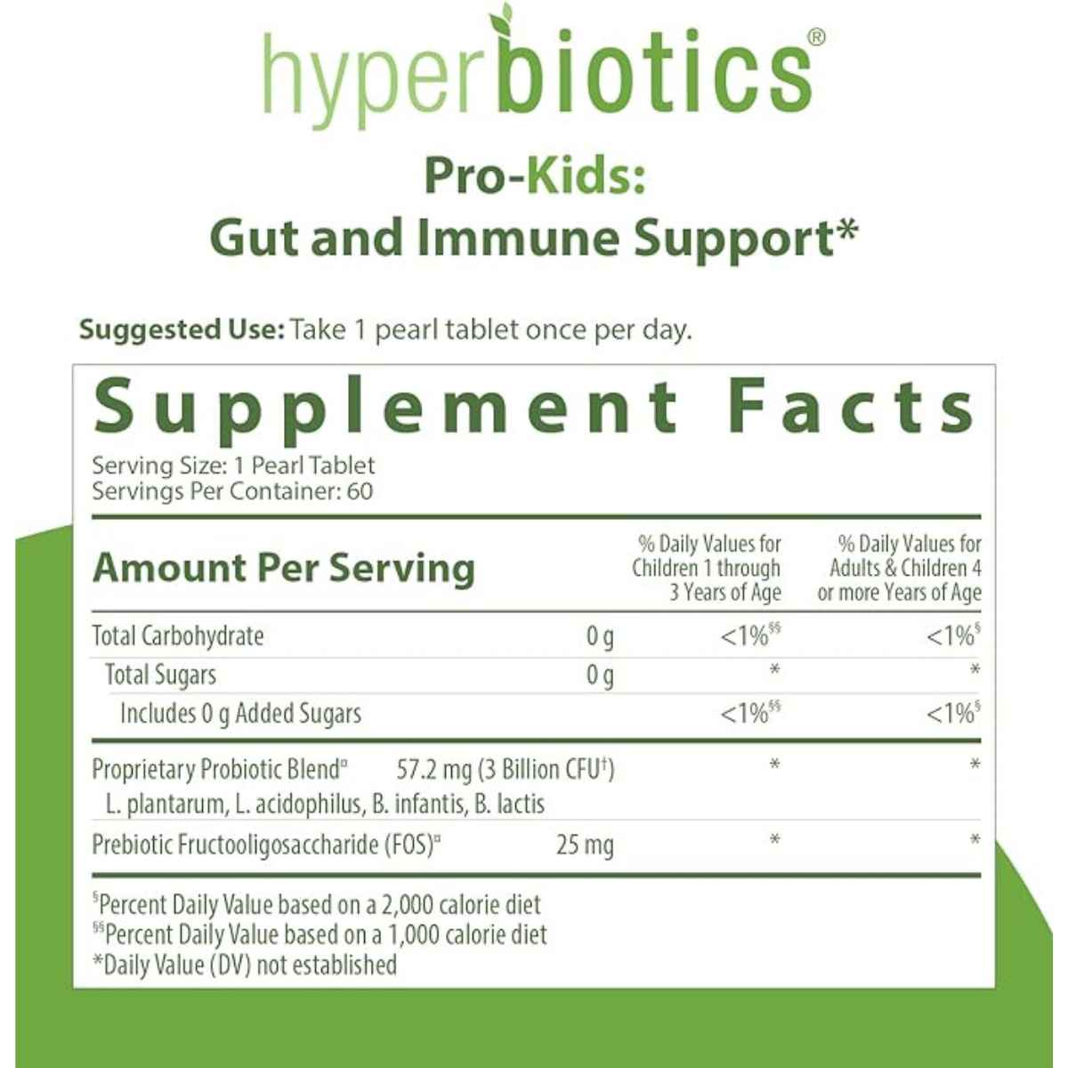 Hyperbiotics Probióticos Pro-Kids Para Niños 3 Mil Millones CFU - 60 Tabletas Masticable - Tabla Nutricional - Haz Tu Pedido
