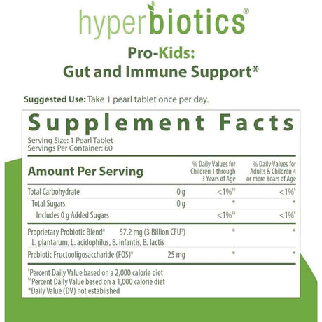 Hyperbiotics Probióticos Pro-Kids Para Niños 3 Mil Millones CFU - 60 Tabletas Masticable - Tabla Nutricional - Haz Tu Pedido
