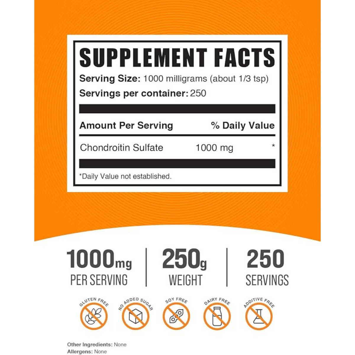 BulkSupplements.com Sulfato de Condroitina 1000 mg - 250 g - Tabla Nutricional - Haz Tu Pedido