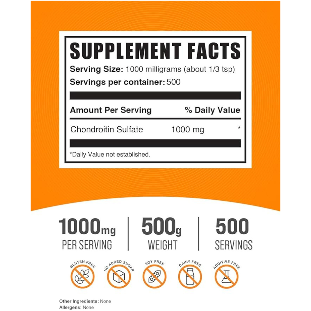 BulkSupplements.com Sulfato de Condroitina 1000 mg - 500 g - Tabla Nutricional - Haz Tu Pedido