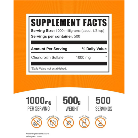 BulkSupplements.com Sulfato de Condroitina 1000 mg - 500 g - Tabla Nutricional - Haz Tu Pedido