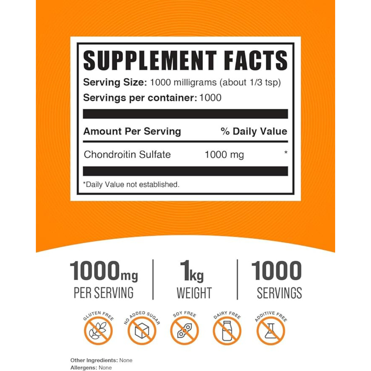 BulkSupplements.com Sulfato de Condroitina 1000 mg - 1000 g - Tabla Nutricional - Haz Tu Pedido