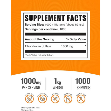 BulkSupplements.com Sulfato de Condroitina 1000 mg - 1000 g - Tabla Nutricional - Haz Tu Pedido
