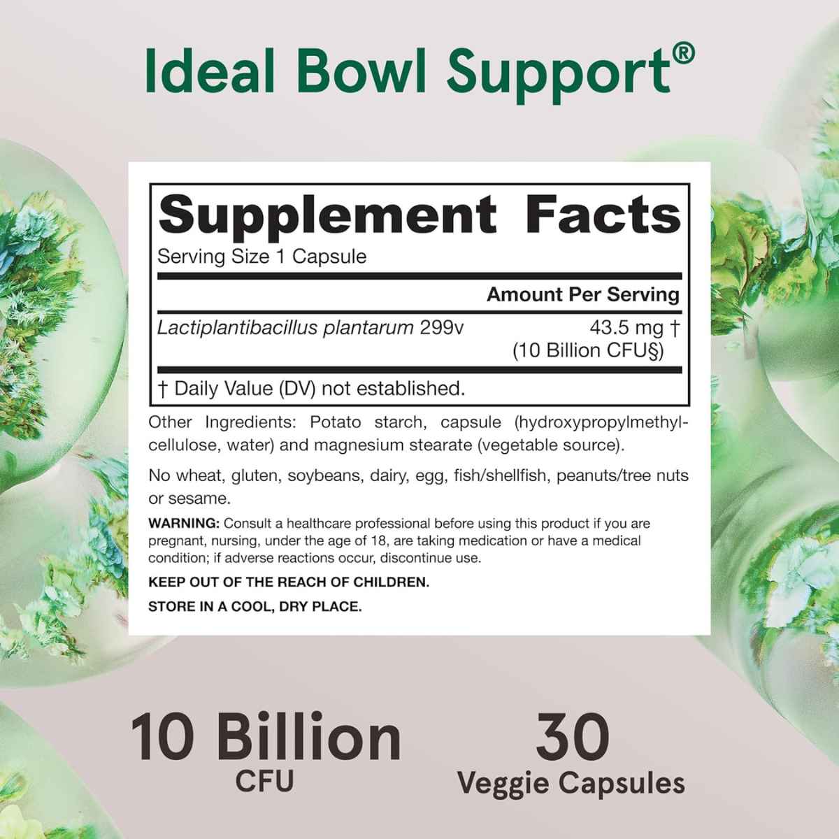 Jarrow Formulas Ideal Bowel Support® LP299V® Probiótica 10 Mil Millones CFU - 30 Cápsulas Vegetales - Tabla Nutricional - Haz Tu Pedido