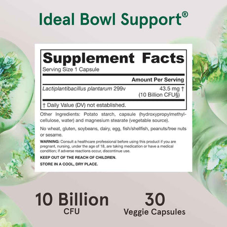 Jarrow Formulas Ideal Bowel Support® LP299V® Probiótica 10 Mil Millones CFU - 30 Cápsulas Vegetales - Tabla Nutricional - Haz Tu Pedido