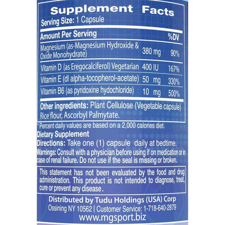 MgSport Magnesio 380 mg - 100 Cápsulas - Tabla Nutricional - Haz Tu Pedido