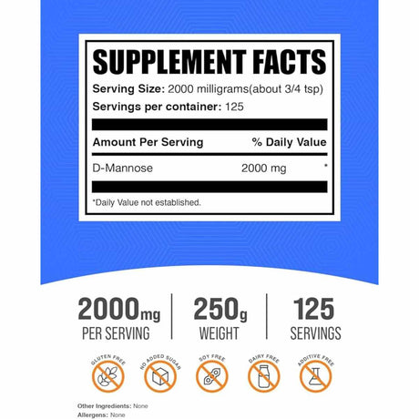 BulkSupplements.com  Polvo De D-Manosa  2000 mg - 250 g - Tabla Nutricional - Haz Tu Pedido