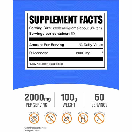 BulkSupplements.com  Polvo de D-Manosa 2000 mg - 100 g - Tabla Nutricional - Haz Tu Pedido