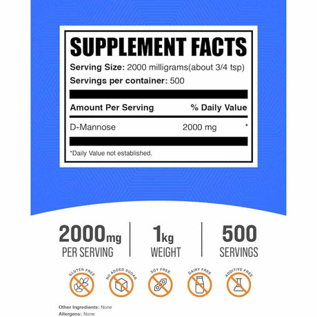BulkSupplements.com Polvo De D-Manosa 2000 mg - 1 kg - Tabla Nutricional - Haz Tu Pedido