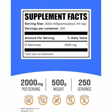 BulkSupplements.com Polvo de D-Manosa 2000 mg - 500 g - Tabla Nutricional - Haz Tu Pedido