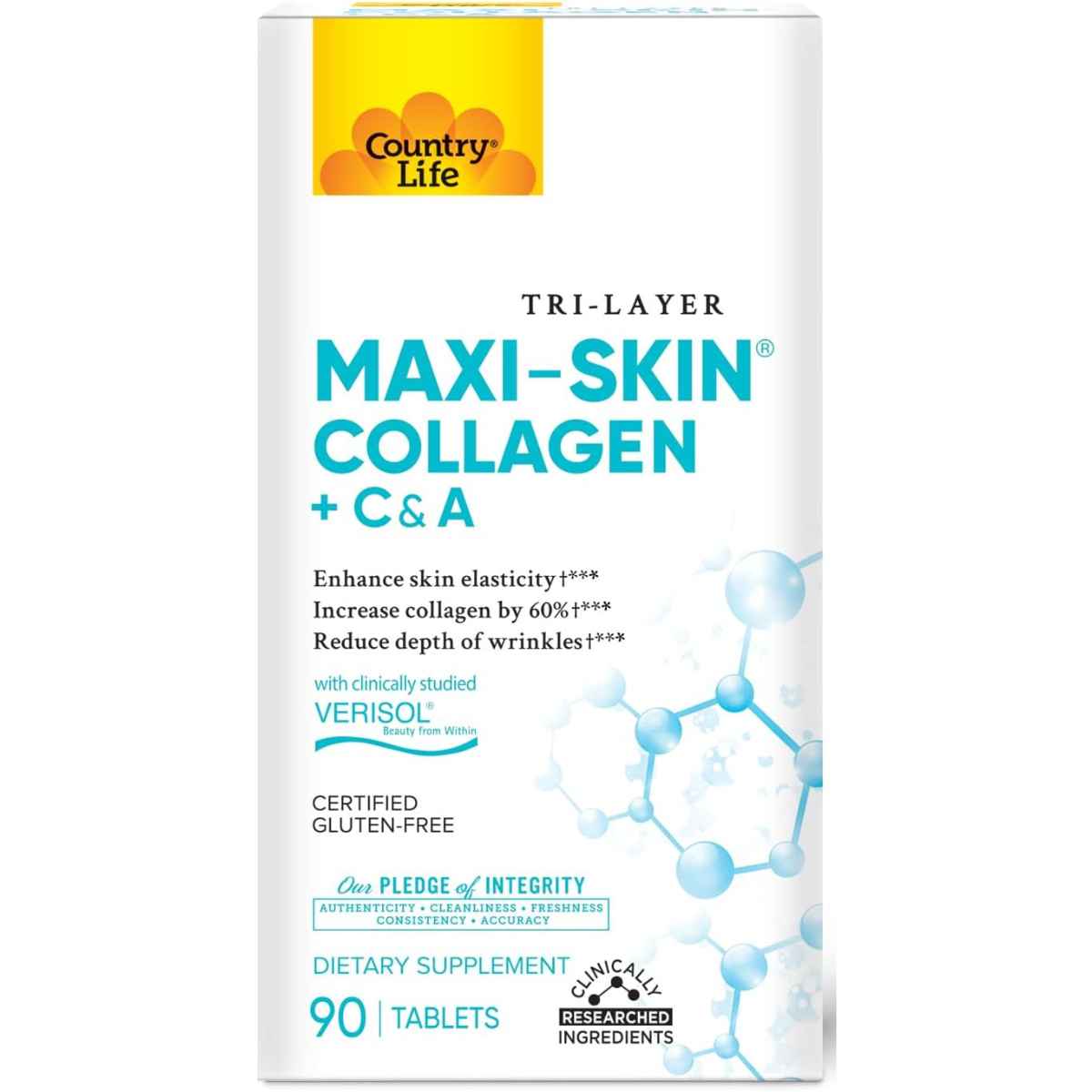 Country Life Maxi-Skin Collagen + C & A - 90 Tabletas