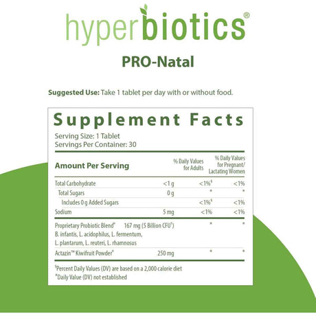 Hyperbiotics Probiótico PRO-Natal: Apoyo Digestivo Durante Embarazo y Lactancia 5 Mil Millones CFU - 30 Tabletas de Liberación Prolongada - Tabla Nutricional - Haz Tu Pedido