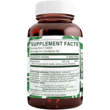Natural Nutra Óxido De Magnesio Quelado 250 mg - 90 Tabletas - Tabla Nutricional - Haz Tu Pedido