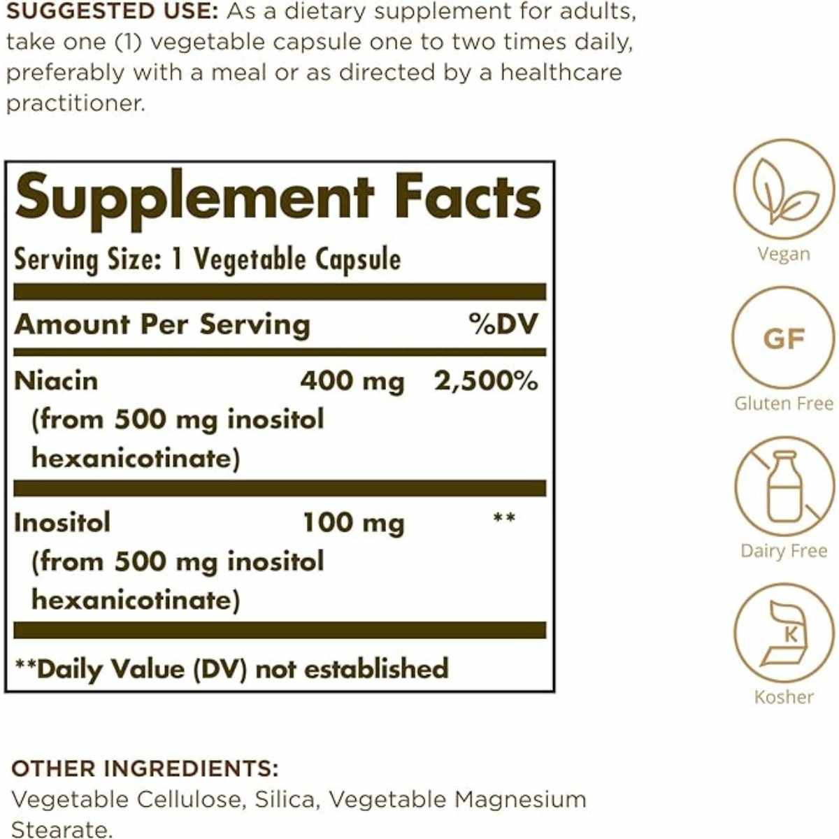 Solgar Niacina 500 mg - 50  Cápsulas Vegetales - Tabla Nutricional - Haz Tu Pedido