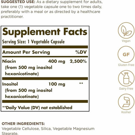 Solgar Niacina 500 mg - 50  Cápsulas Vegetales - Tabla Nutricional - Haz Tu Pedido