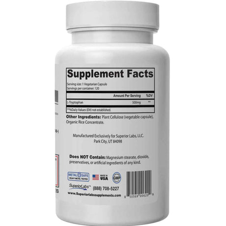Superior Labs L-Triptófano  500 mg - 120 Cápsulas Vegetales - Tabla Nutricional - Haz Tu Pedido