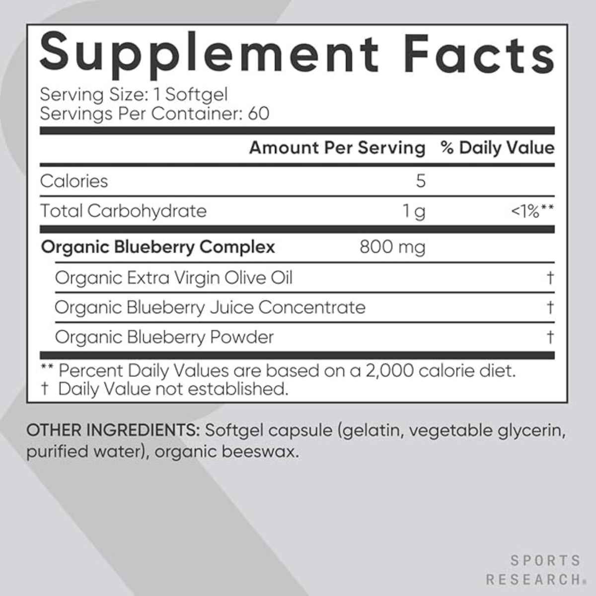 Sports Research Complejo de Arándano  800 mg - 60  Cápsulas Blandas - Tabla Nutricional - Haz Tu Pedido