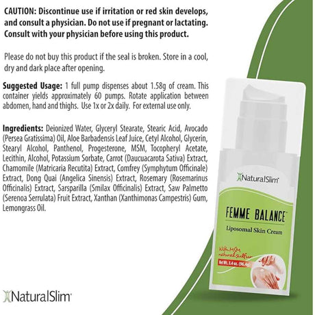 NaturalSlim Femme Balance™ Crema De Progesterona - 96,4 g - Tabla Nutricional - Haz Tu Pedido