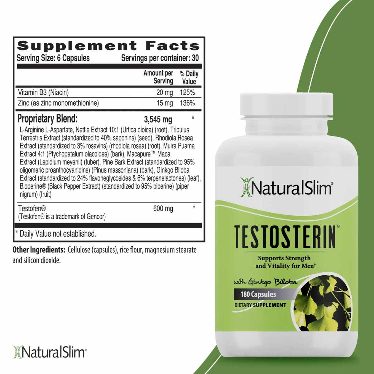 NaturalSlim  Testosterin Soporte de Testosterona para Hombres  - 180 Cápsulas - Tabla Nutricional - Haz Tu Pedido