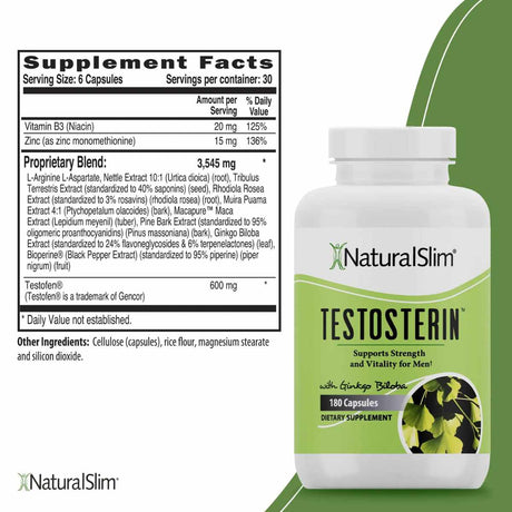 NaturalSlim  Testosterin Soporte de Testosterona para Hombres  - 180 Cápsulas - Tabla Nutricional - Haz Tu Pedido