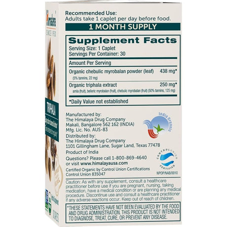 Himalaya Triphala Orgánica  - 30  Comprimidos - Tabla Nutricional - Haz Tu Pedido
