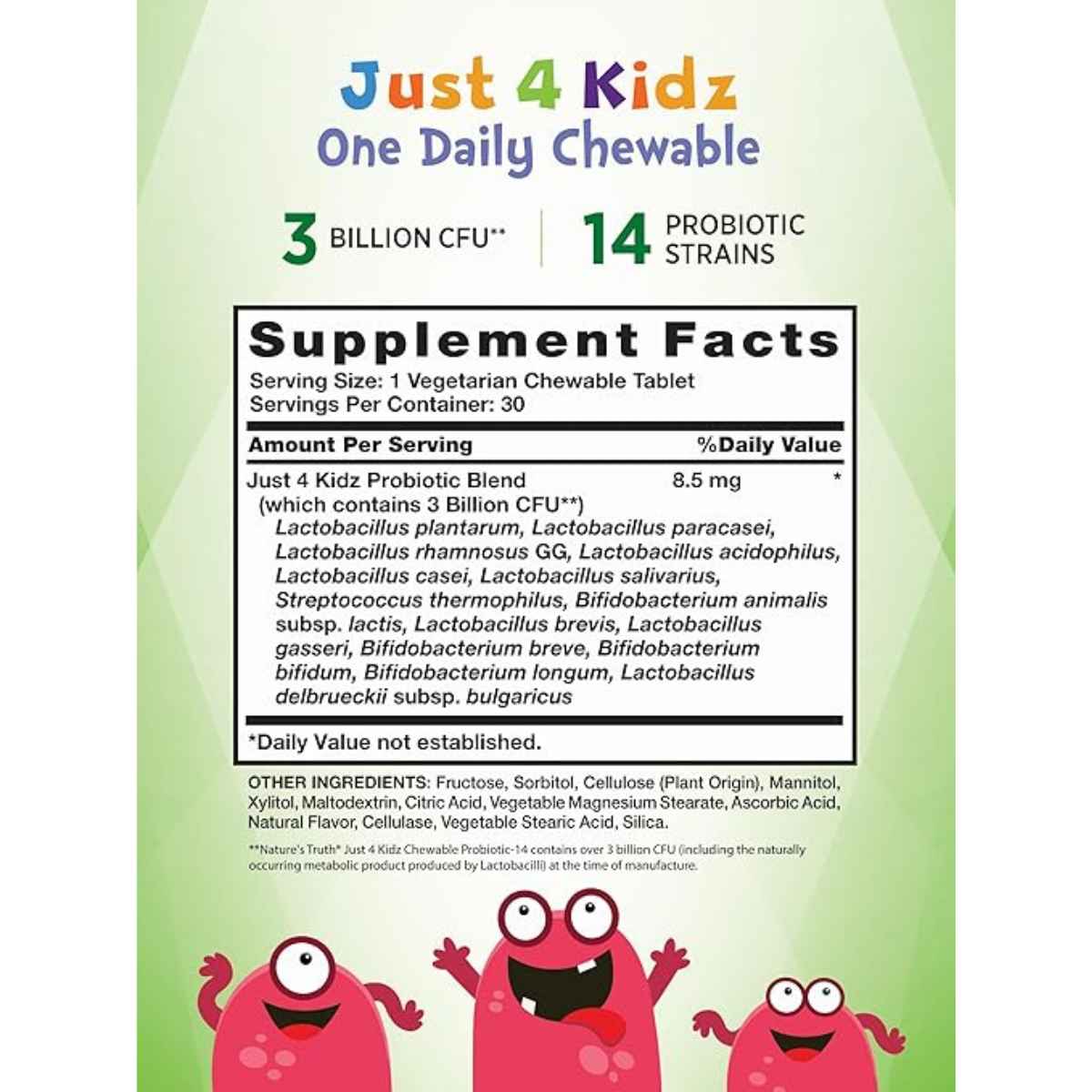 Nature's Truth Probióticos Para Niños 3 Mil Millones CFU - Sabor Bayas - 30  Tabletas Masticable - Tabla Nutricional - Haz Tu Pedido