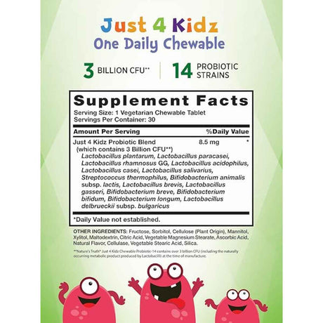 Nature's Truth Probióticos Para Niños 3 Mil Millones CFU - Sabor Bayas - 30  Tabletas Masticable - Tabla Nutricional - Haz Tu Pedido