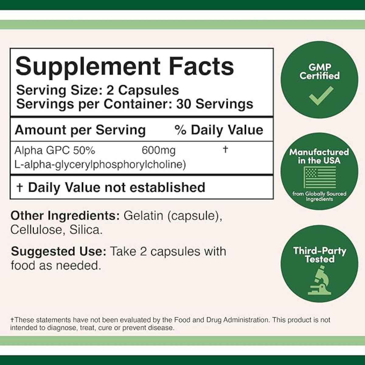 Double Wood Supplements Alpha GPC  300 mg - 60  Cápsulas - Tabla Nutricional - Haz Tu Pedido