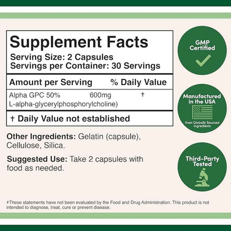 Double Wood Supplements Alpha GPC  300 mg - 60  Cápsulas - Tabla Nutricional - Haz Tu Pedido