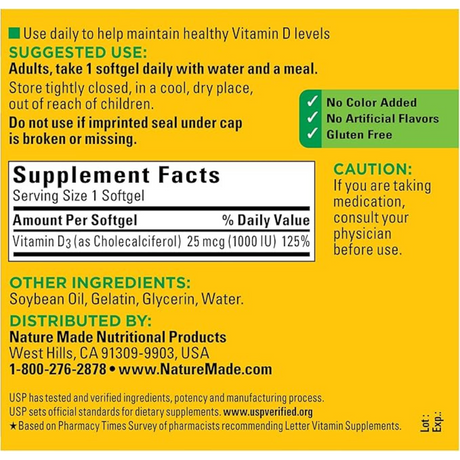 Nature Made Vitamina D3 1000 IU - 300 Cápsulas Blandas - Tabla Nutricional - Haz Tu Pedido