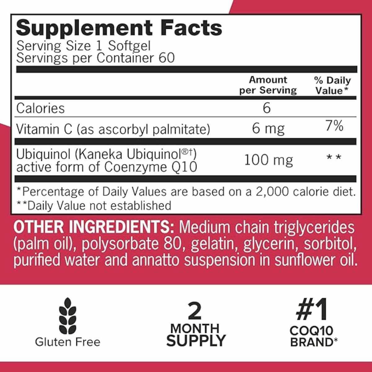 Qunol Mega Ubiquinol CoQ10  100 mg - 60 Cápsulas Blandas - Tabla Nutricional - Haz Tu Pedido
