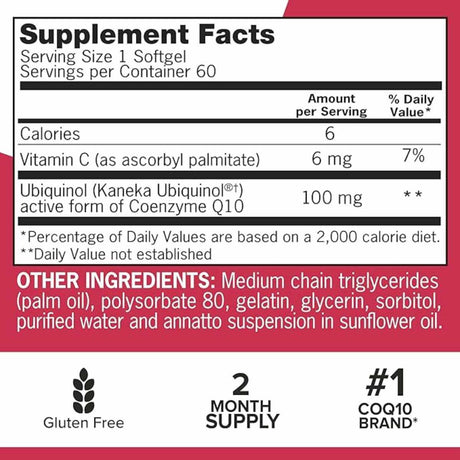 Qunol Mega Ubiquinol CoQ10  100 mg - 60 Cápsulas Blandas - Tabla Nutricional - Haz Tu Pedido
