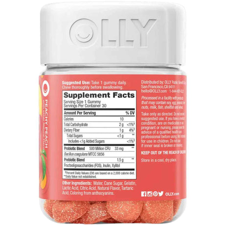 OLLY Probióticos Con Prebióticos 500 Mil Millones CFU - Sabor Melocotón - 30 Gomitas - Tabla Nutricional - Haz Tu Pedido
