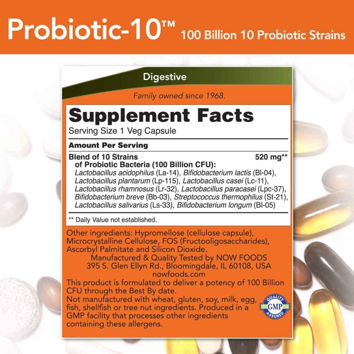 NOW Foods Probiotico-10™ 100 Mil Millones CFU - 30 Cápsulas - Tabla Nutricional - Haz Tu Pedido