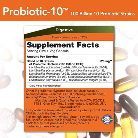NOW Foods Probiotico-10™ 100 Mil Millones CFU - 30 Cápsulas - Tabla Nutricional - Haz Tu Pedido