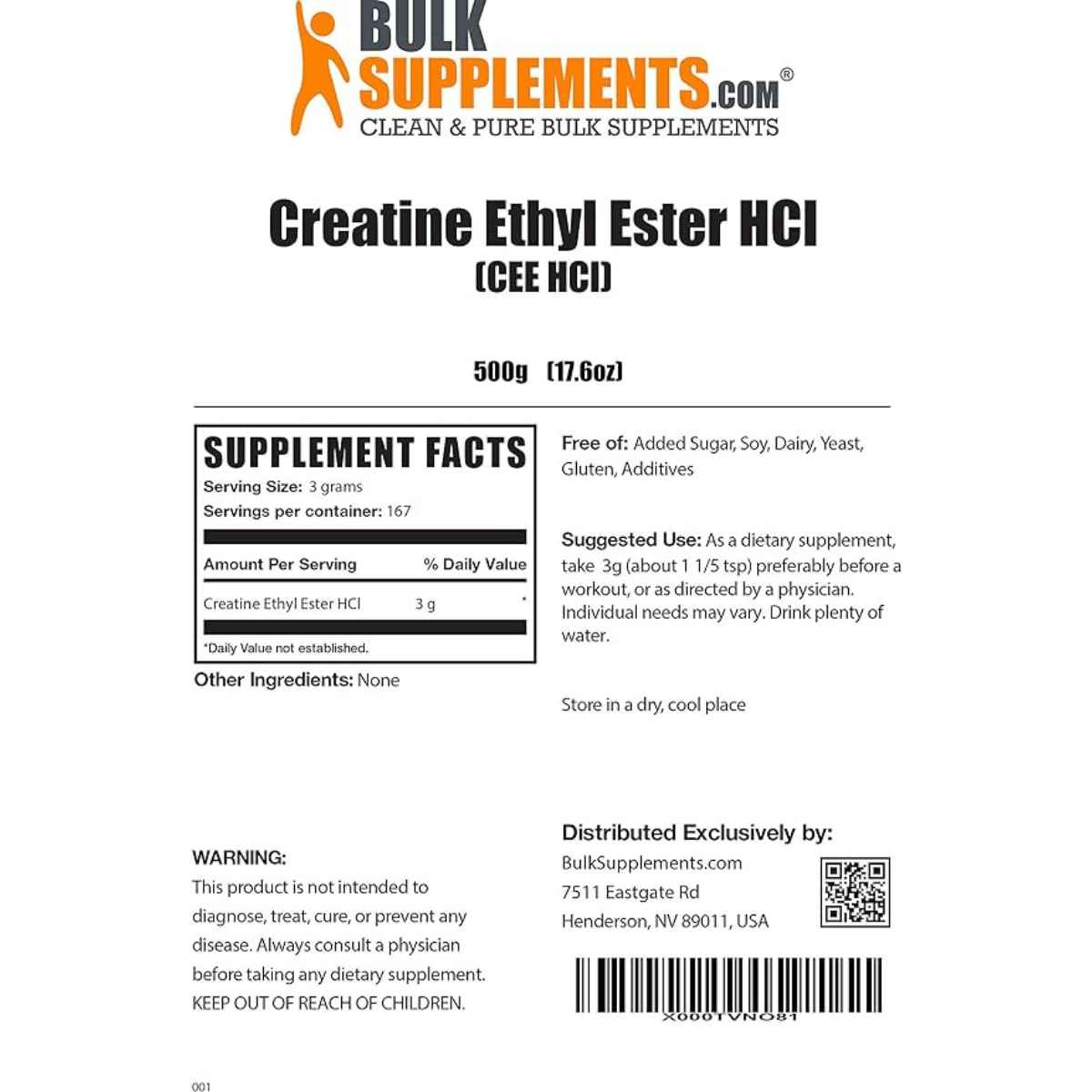 BulkSupplements.com Éster etílico de creatina HCl - 500 g - Tabla Nutricional - Haz Tu Pedido