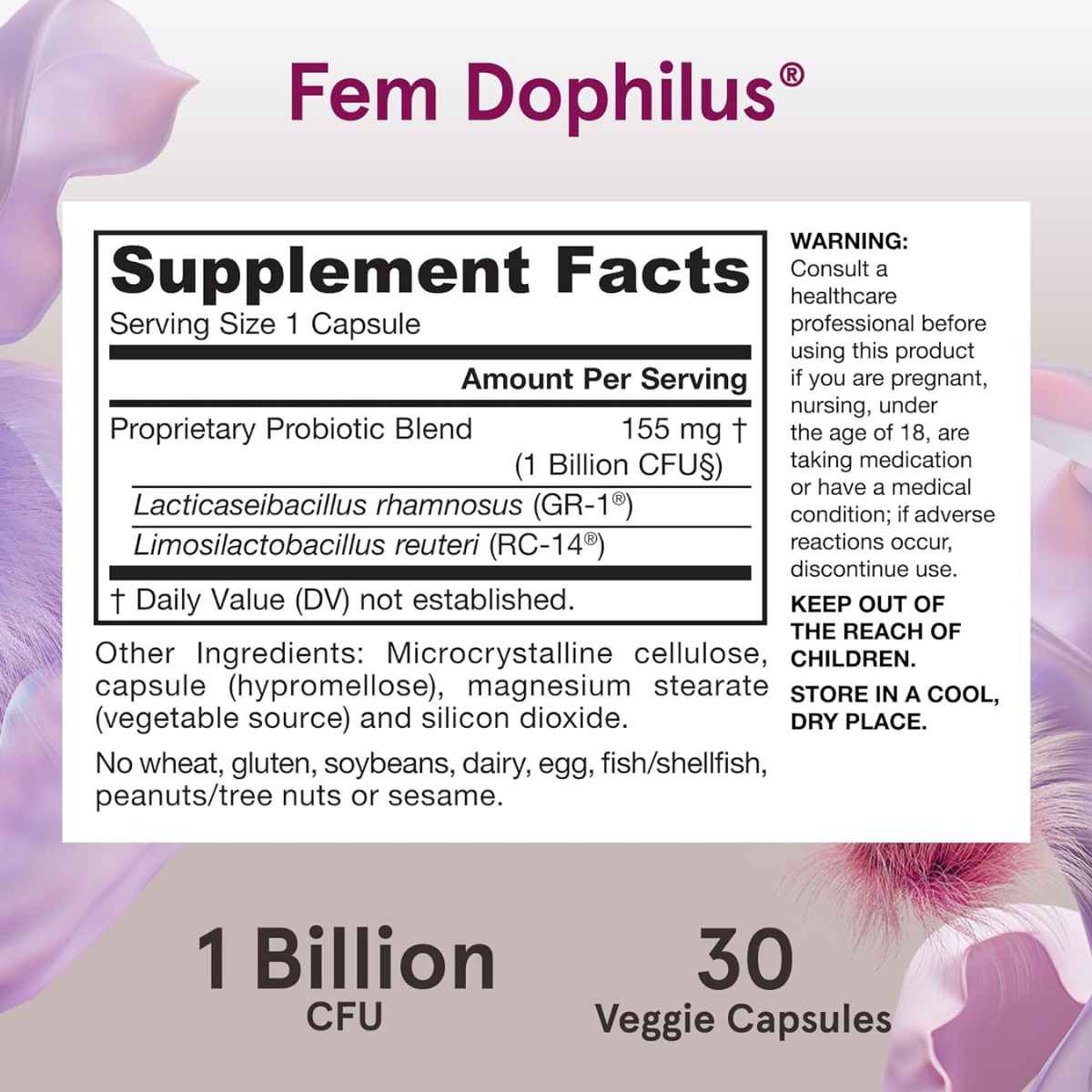 Jarrow Formulas Fem-Dophilus® Probióticos 1 Mil Millones CFU - 30 Cápsulas Vegetales - Tabla Nutricional - Haz Tu Pedido