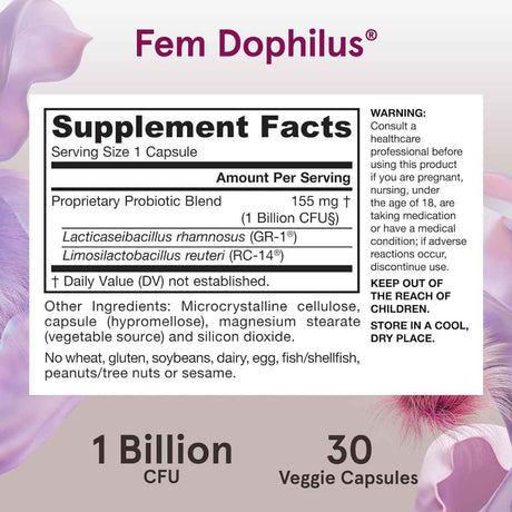 Jarrow Formulas Fem-Dophilus® Probióticos 1 Mil Millones CFU - 30 Cápsulas Vegetales - Tabla Nutricional - Haz Tu Pedido