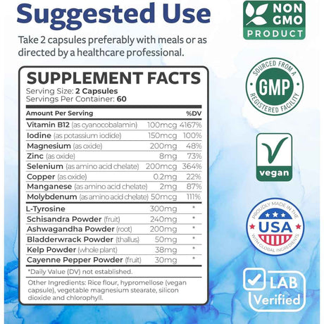 Healths Harmony Thyroid Support with Iodine - 120 Cápsulas - Tabla Nutricional - Haz Tu Pedido