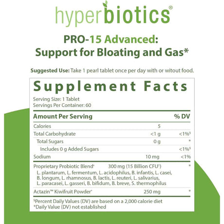Hyperbiotics PRO-15 Avanzado: Alivio Natural para Inflamación Abdominal. 15 Mil Millones CFU - 60 Tabletas de Liberación Prolongada - Tabla Nutricional - Haz Tu Pedido