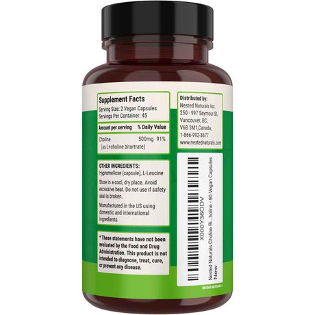 Nested Naturals Bitartrato de colina  500 mg - 90 Cápsulas Veganas - Haz Tu Pedido