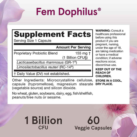 Jarrow Formulas Fem-Dophilus® Probióticos 1 Mil Millones CFU - 60 Cápsulas Vegetales - Tabla Nutricional - Haz Tu Pedido