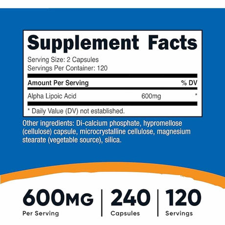 Nutricost Ácido Alfa Lipoico 600 mg - 240 Cápsulas - Tabla Nutricional - Haz Tu Pedido