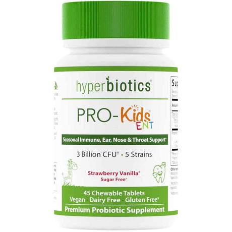 Hyperbiotics Pro-Kids ENT Refuerzo Inmunitario y Protección para Oídos, Nariz y Garganta 3 Mil Millones CFU - Sabor Fresa Vainilla - 45 Tabletas Masticable - Haz Tu Pedido