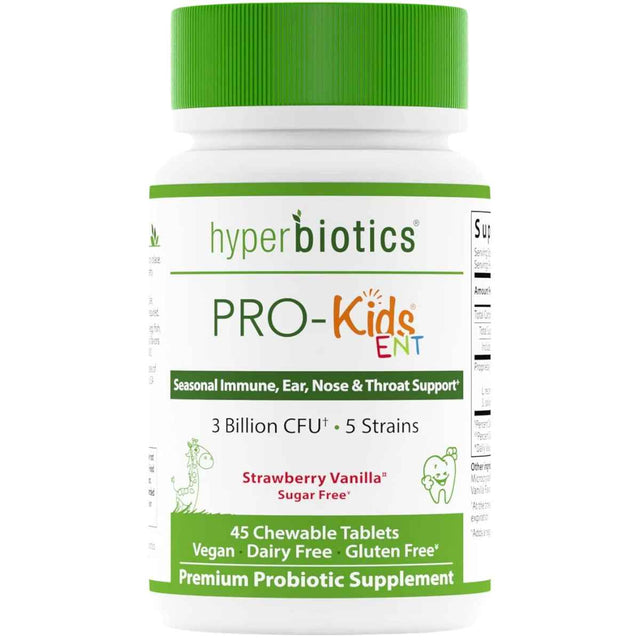 Hyperbiotics Pro-Kids ENT Refuerzo Inmunitario y Protección para Oídos, Nariz y Garganta 3 Mil Millones CFU - Sabor Fresa Vainilla - 45 Tabletas Masticable - Haz Tu Pedido