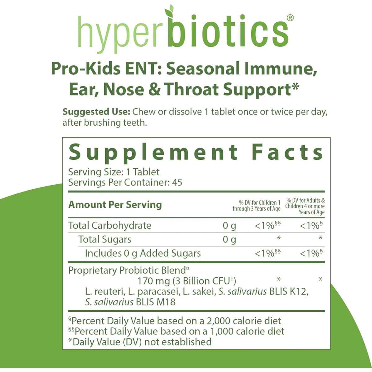 Hyperbiotics Pro-Kids ENT Refuerzo Inmunitario y Protección para Oídos, Nariz y Garganta 3 Mil Millones CFU - Sabor Fresa Vainilla - 45 Tabletas Masticable - Tabla Nutricional - Haz Tu Pedido